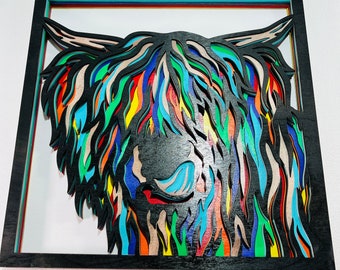 Wall Decoration Highland Cow Colorful Layer Wood Art 3D Art Multi-Layer Wood Art