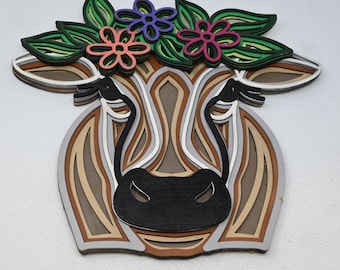 Wall Decoration Cow with Flowers Layer Wood Art Mandala 3D Art Multilayer Art Home Decor