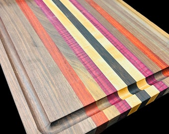 Beautiful Cutting Board Stripe Multi Exotic Wood with Juice Groove Butcher Block Edge Grain