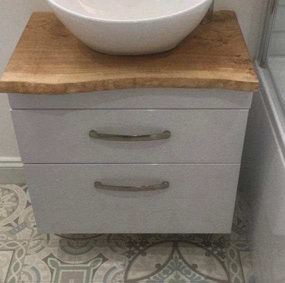 Live Edge Wood Bathroom Vanity Shelf, Bespoke Solid Oak Wood Wash