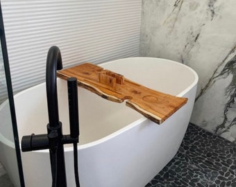 Double Live Edge Solid Yew wood Bath Caddy, Bespoke Rustic Bath Tray, Bath board, Bath shelf, over bath Tablet Holder, bat