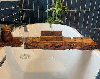 85cms bath board Live Edge Pippy Oak bath caddy , Characterful Rustic solid Wood waney edge Bath Tray, Bathroom shelf Bathtub Board