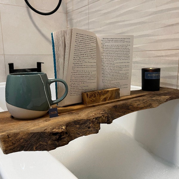 95cms bath board Live Edge Pippy Oak bath caddy , Characterful Rustic solid Wood waney edge Bath Tray, Bathroom shelf Bathtub Board