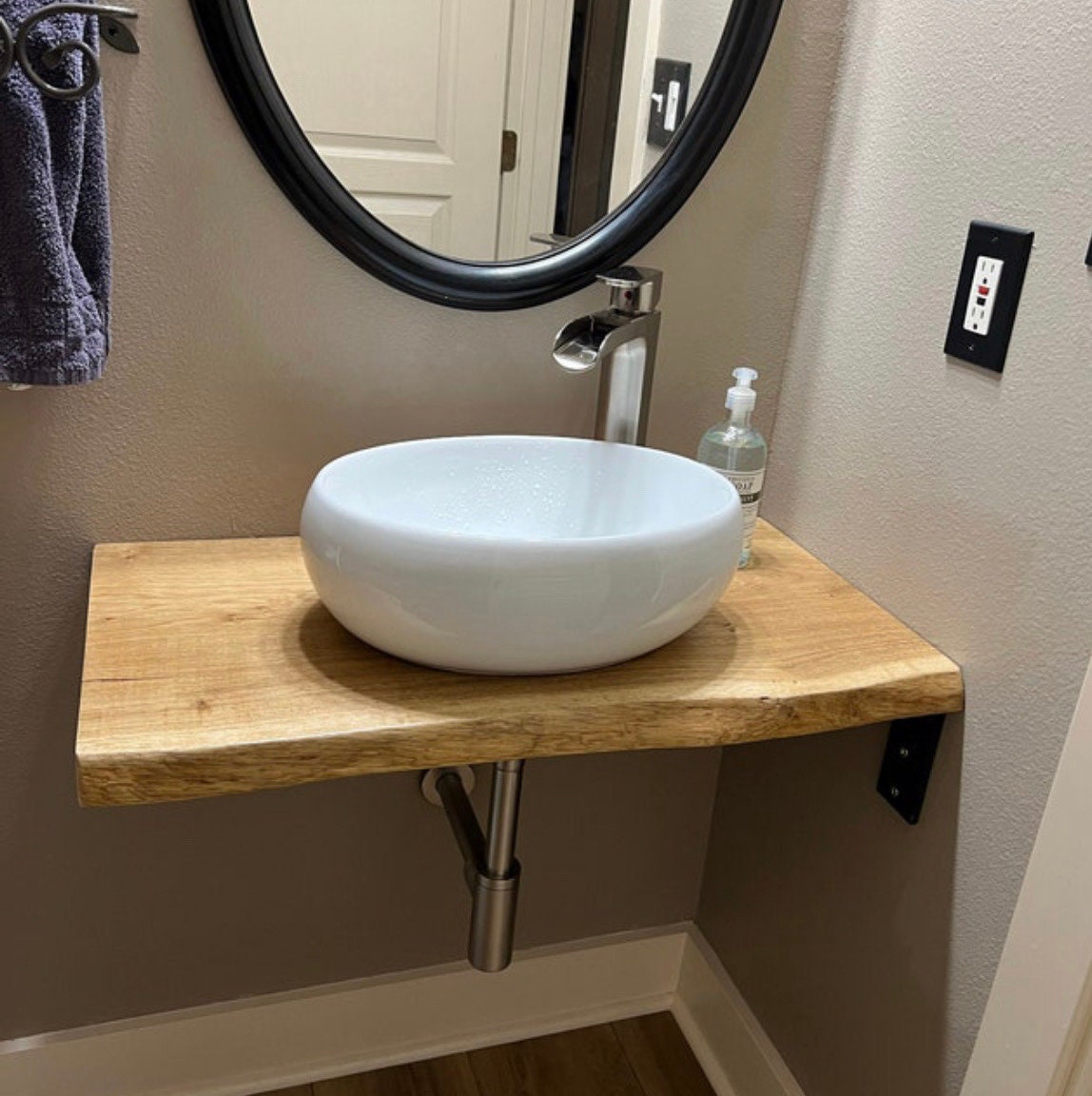 Live Edge Wood Bathroom Vanity Shelf, Bespoke Solid Oak Wood Wash