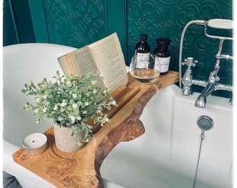 70cms bath board Live Edge Pippy Oak bath caddy , Characterful Rustic solid Wood waney edge Bath Tray, Bathroom shelf Bathtub Board