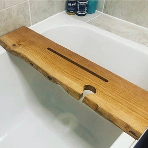 Live Edge Solid Oak wood Bespoke Rustic Bath Caddy Bath Tray Bath board, bathroom shelf, bath Tablet wine glass Holder Bath accessory image 6