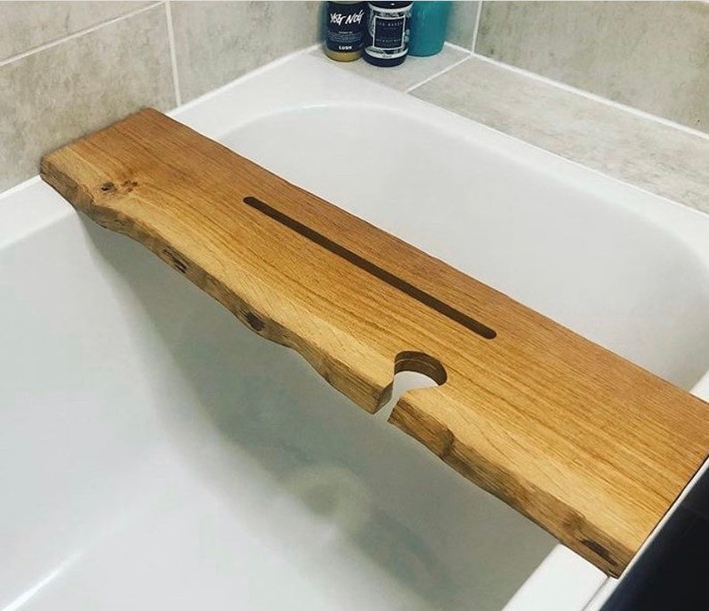 Live Edge Solid Oak wood Bespoke Rustic Bath Caddy Bath Tray Bath board, bathroom shelf, bath Tablet wine glass Holder Bath accessory image 6