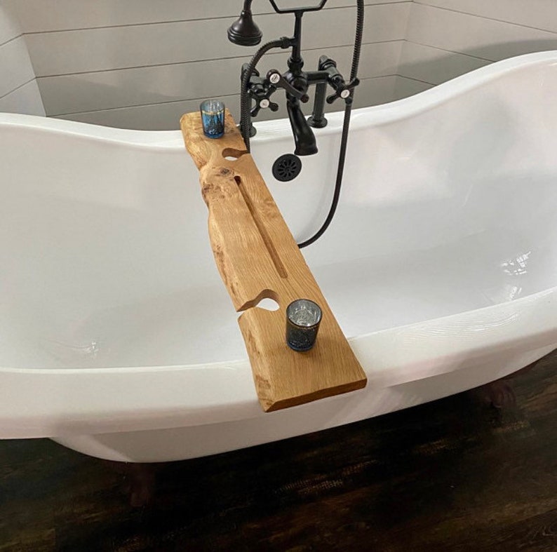 Live Edge Solid Oak wood Bespoke Rustic Bath Caddy Bath Tray Bath board, bathroom shelf, bath Tablet wine glass Holder Bath accessory image 5