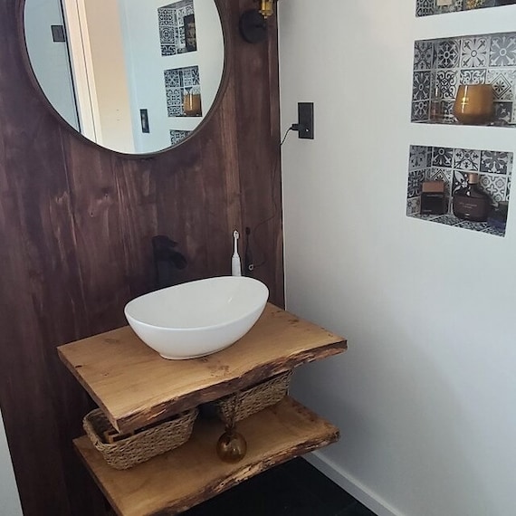 Live Edge Wood Bathroom Vanity Shelf, Bespoke Solid Oak Wood Wash