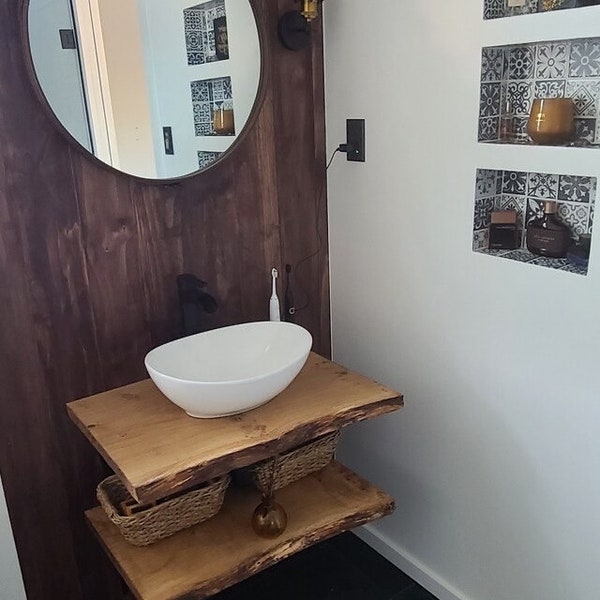 Live Edge wood bathroom vanity shelf,  Bespoke Solid Oak wood wash stand, sink unit, bathroom shelf countertop shelf, floating vanity shelf,