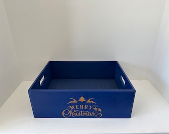 Royal Blue Medium Merry Christmas Box Christmas Hamper wooden box FREE p&p UK