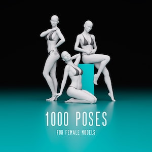 Op de afbeelding: Drie witte 3D-modellen van mensen in verschillende poses, gekleed in zwarte badkleding. De modellen staan op een turquoise oppervlak met een turquoise kubus in het midden. De tekst "1000 POSES VOOR VROUWENMODELLEN" staat onder de modellen.