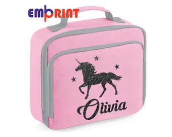 Personalised Unicorn Glitter Lunch Bag Insulated Childrens School Dinner Box