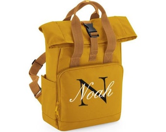 Personalised Roll-Top Bag Kids School Bag Initial Script Boys Girls Backpack Any Name Toddler Nursery