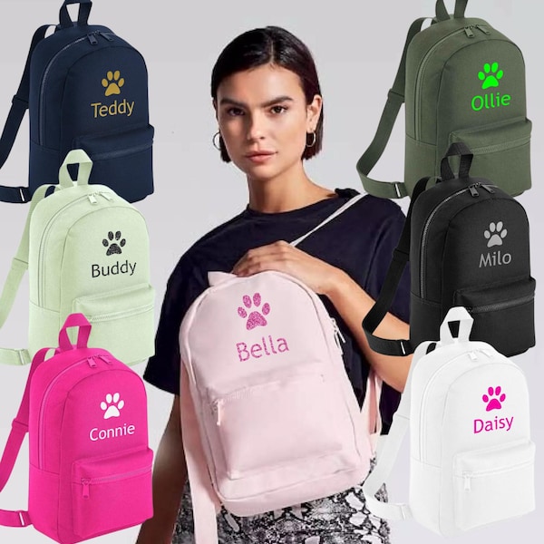 Personalised Dog Bag Backpack Puppy Gift Rucksack Small Paw Design Colours Training Toys and Treats