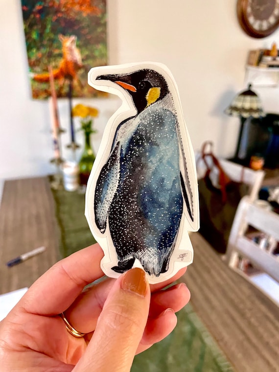 Handsketched watercolor and ink penguin vinyl decal