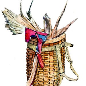 May include: A woven wicker basket with a red and blue axe, a wooden stick, and antlers inside. The basket has a brown leather strap and buckle.