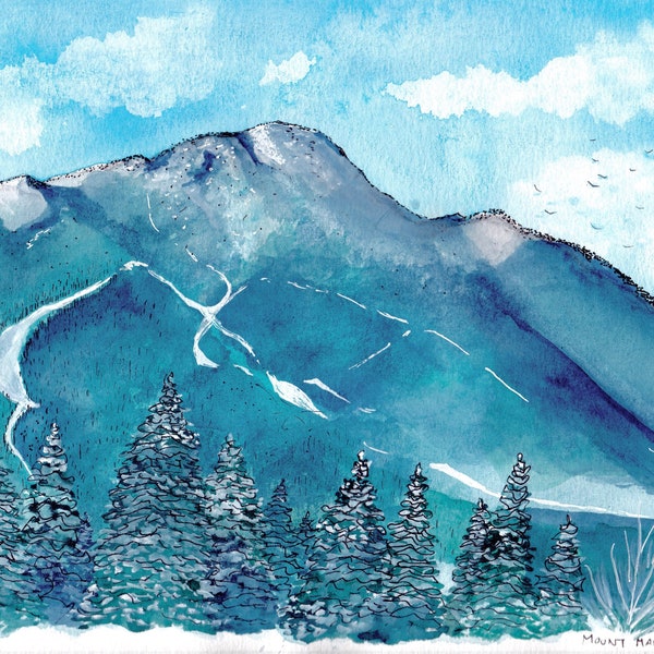 Mount Mansfield, Stowe watercolor and ink print