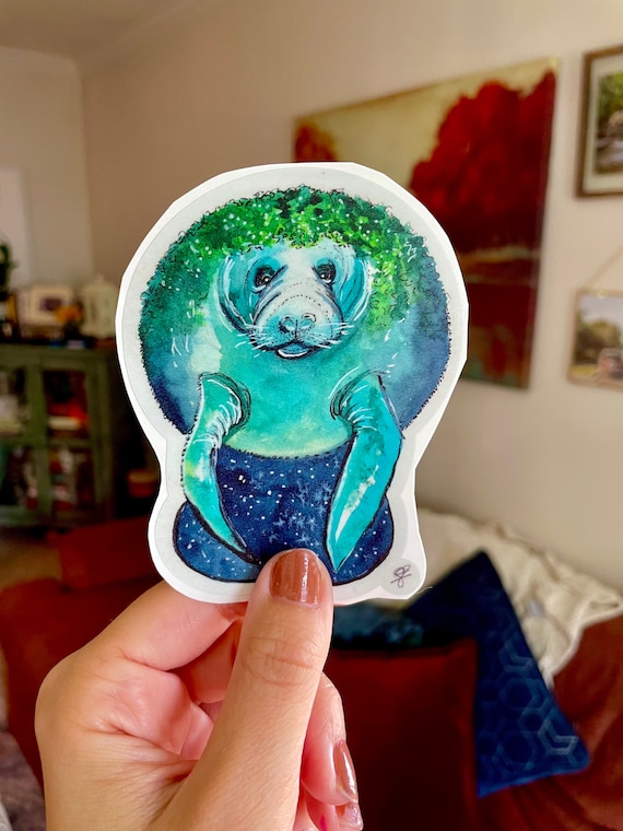 Handsketched watercolor and ink manatee vinyl decal