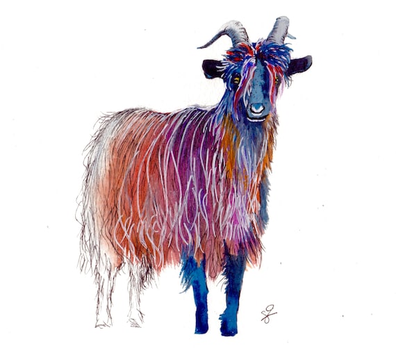 Watercolor and ink Goat reproduction print