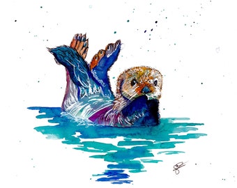 Hand-drawn watercolor and ink print of otter
