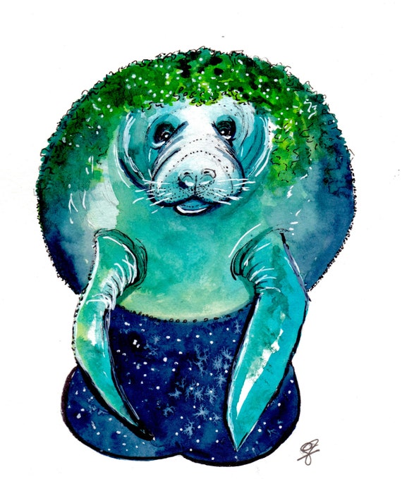 Watercolor and Ink Manatee Reproduction Print