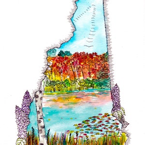 Hand-drawn watercolor and ink illustration of New Hampshire in the fall