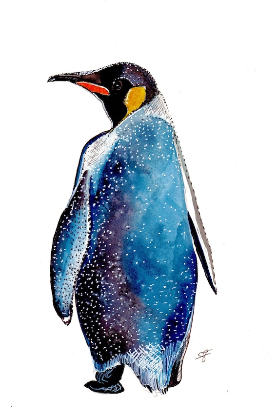 Watercolor and Ink Penguin Reproduction Print