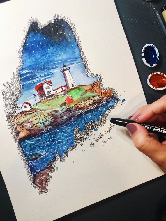 Watercolor Nubble Lighthouse Maine Print