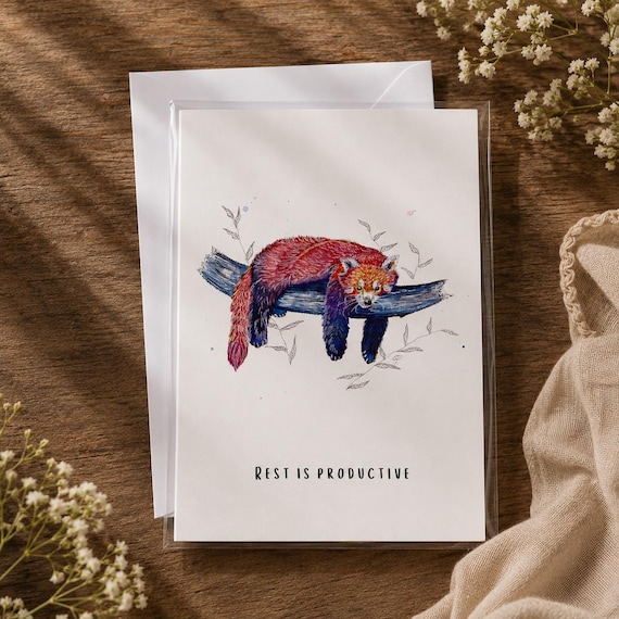 Rest Is Productive - Funny Encouragement Card | Red Panda | Self Care  | Burnout Recovery | Blank Inside
