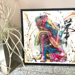 Buddha on Canvas - painted in graffiti style - with glitter resin / epoxy - 55x55 cm incl. shadow-gap frame - artwork painting