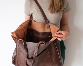 Bolso tote de piel marrón extragrande, bolso de compras, bolso de piel, bolso de hombro grande, bolso tote de piel para uso diario, bolso tote extragrande, marrón coñac