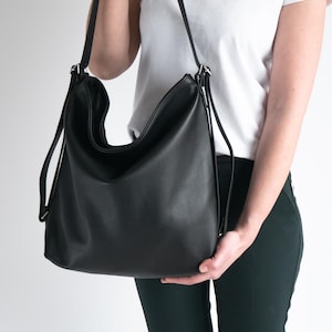 Black CONVERTIBLE Backpack, Black Leather Backpack Purse, Shoulder Bag, Leather Hobo Bag, Crossbody Leather Handbag, School Bag, Minimalist