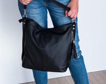 Leather Shopping Bag, Black Leather Handbag, Everyday Tote Bag, Crossbody Bag, Leather Shoulder Bag, Leather Tassel Bag