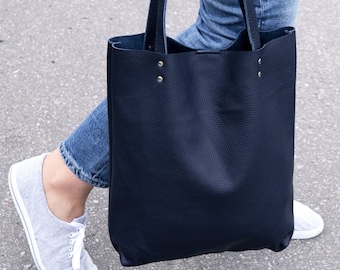 LEATHER TOTE Bag - NAVY Leather Purse - Natural Leather Book Bag - Womens Tote bag - Leather Handbag - Tote Bag - Simple Shoulder Bag