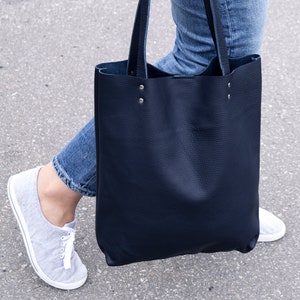 LEATHER TOTE Bag NAVY Leather Purse Natural Leather Book Bag Womens Tote bag Leather Handbag Tote Bag Simple Shoulder Bag image 1