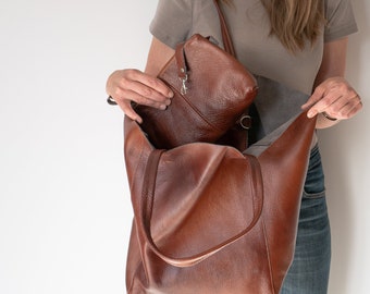Oversized Slouchy Pebbled Leather Tote Bag, Cognac Brown Shoulder Purse, Large Minimalist Work Tote with Bonus Pouch, Ring Closure, Carryall