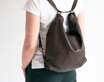 Dark Brown CONVERTIBLE Backpack, Shoulder Bag, Brown Leather Hobo Bag, Dark Brown Leather BACKPACK PURSE, Crossbody Leather Bag