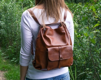 Convertible Backpack Leather, Backpack Purse, Leather Tote Bag, Laptop Backpack, Leather Handbag, School Bag Gift For Her Cognac Brown