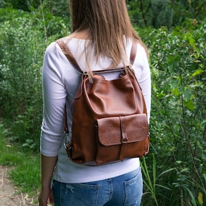 Sac à dos convertible en cuir, sac à dos, sac fourre-tout en cuir, sac à dos pour ordinateur portable, sac à main en cuir, cartable cadeau pour elle marron cognac