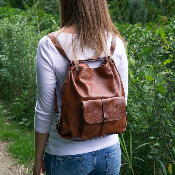 Converteerbare rugzak leer, rugzak portemonnee, leren draagtas, laptoprugzak, leren handtas, schooltas, handgemaakte rugzak, cognacbruin