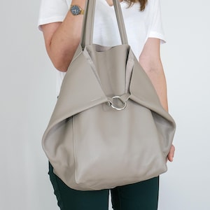 Taupe Leather Oversize Shoulder Bag - Large Tote Women - Big Handbag for Travel & Shopping - Everyday Carryall Purse - Beige Leather Shopper