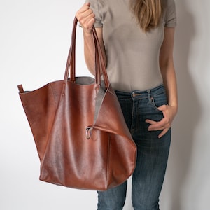 Große Cognac-Braune Leder-Einkaufstasche, übergroße Shopper, echtes Leder-Schultertasche für Frauen, große Alltagstasche, Reise-Weekender-Tasche