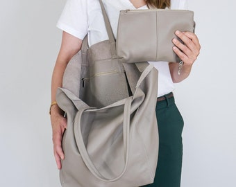 Beige Leather Large Tote Bag, Oversized Shoulder Bag, Big Leather Shopper for Travel & Work - Neutral Everyday Purse - Spacious Carryall Bag