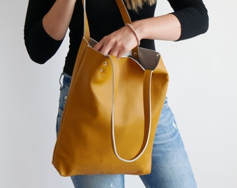 LEATHER TOTE Bag - YELLOW Leather Purse - Natural Leather Book Bag - Womens Tote- Leather Handbag - Tote Bag Women - Mustard Shoulder Bag