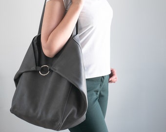 GRAY OVERSIZE SHOPPER Bag - Large Leather Tote Bag - Big Shoulder Bag - Travel Bag - Shopping Bag - Oversized Tote - Everyday Purse