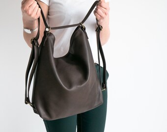 Dark Brown CONVERTIBLE Backpack, Shoulder Bag, Brown Leather Hobo Bag, Dark Brown Leather BACKPACK PURSE, Crossbody Leather Bag