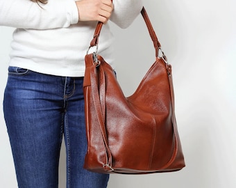 LEATHER HOBO BAG, Brown Leather Handbag, Everyday Tote Bag, Crossbody Bag, Cognac Leather Shoulder Bag, Leather Bag, Hobo Bag, Gift