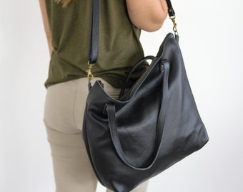 BIG BLACK Leather Shopper Bag, Sac à bandoulière pour femme - Sac à bandoulière en cuir noir - Sac à main à bandoulière, Grand sac à main avec quincaillerie de couleur laiton