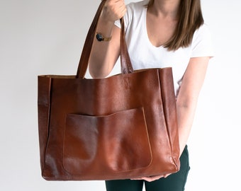 COGNAC BROWN OVERSIZE Leather Tote Bag, Shopping Bag, Leather Purse, Big Shoulder Bag, Leather Bag, Everyday Tote, Extra Large Tote Bag